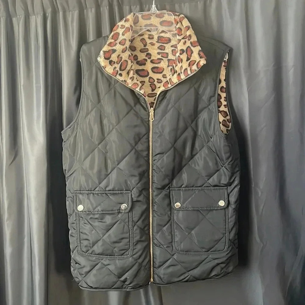 Reversible‎ Black & Cheetah Leopard Vest L - Picture 2 of 5